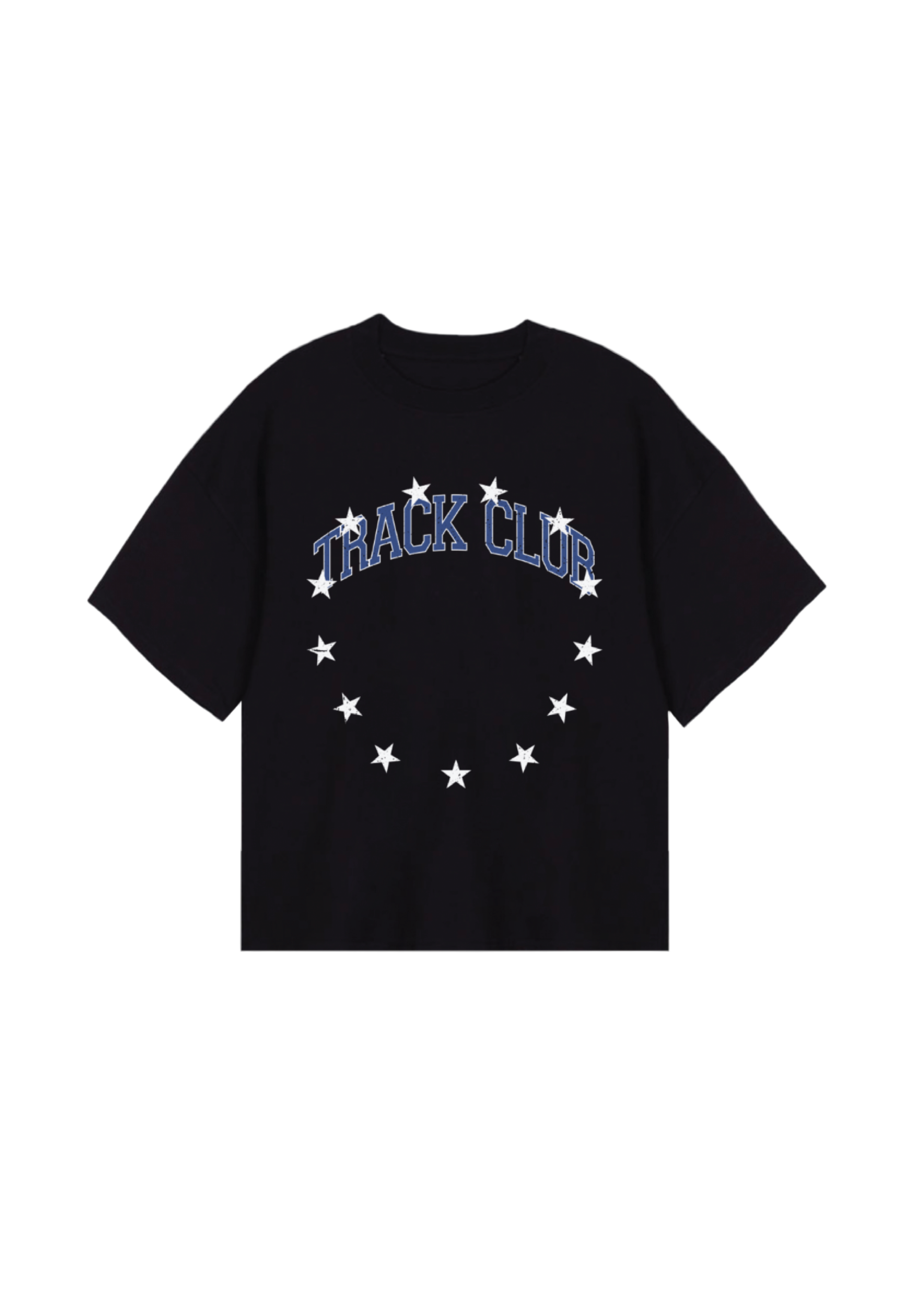 Black t-shirt with 'Track Club' text and star design on a white background